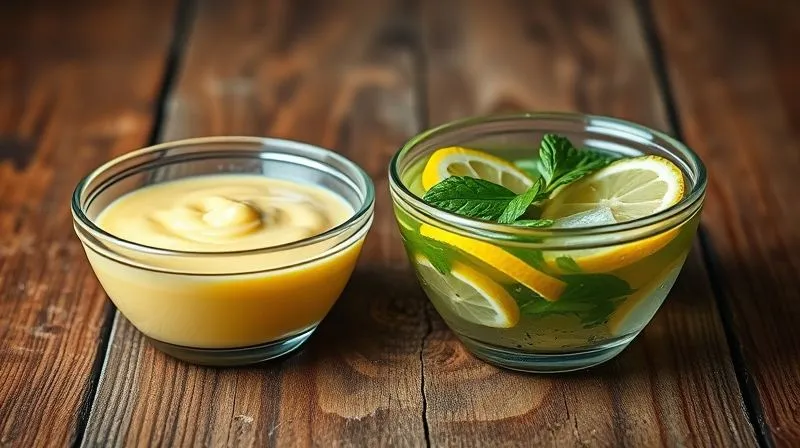 Photorealistic, professional photography, 8K, cinematic lighting, sharp focus, depth of field, shot on a high-end DSLR. Two small glass bowls side-by-side on a rustic wooden table. One bowl contains a creamy, thick, yellowish dressing (representing a high-calorie option). The other bowl contains a clear, vibrant, herb-infused vinaigrette with lemon slices (representing a low-calorie option). The light emphasizes the contrast between the textures and colors, suggesting a healthy choice.