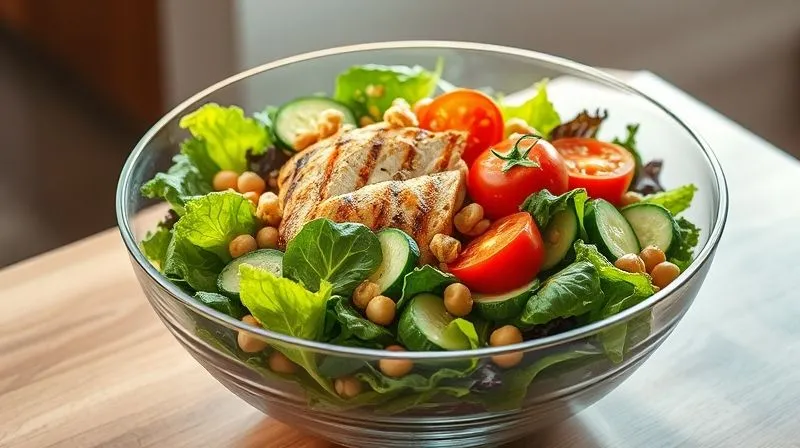 Photorealistic, professional photography, 8K, cinematic lighting, sharp focus, depth of field, shot on a high-end DSLR. A perfectly composed, colorful salad in a large, clear glass bowl. It contains a generous bed of mixed greens, grilled chicken breast strips, vibrant cherry tomatoes, cucumber slices, chickpeas, and a modest sprinkle of chopped walnuts. The dressing is drizzled lightly. The scene conveys freshness, health, and balance, with bright, natural light.