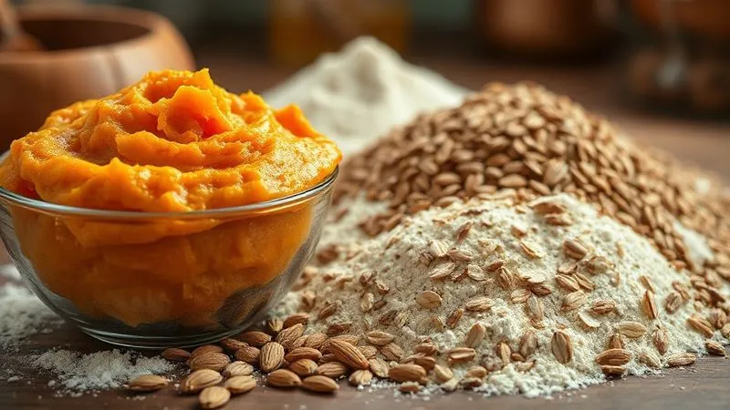 A close-up, photorealistic, professional photography, 8K, cinematic lighting shot of a bowl of vibrant orange pumpkin puree next to a pile of various whole grain flours (oat, spelt, almond), emphasizing healthy baking ingredients. Sharp focus on ingredients, depth of field blurring a kitchen background. Shot on a high-end DSLR.