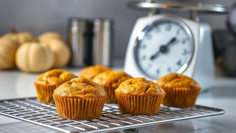 A photorealistic, professional photography, 8K, cinematic lighting shot of perfectly portioned, small healthy pumpkin bread muffins on a cooling rack, with a kitchen scale in the background, symbolizing precise calorie control. Sharp focus on the muffins, depth of field blurring the background. Shot on a high-end DSLR.