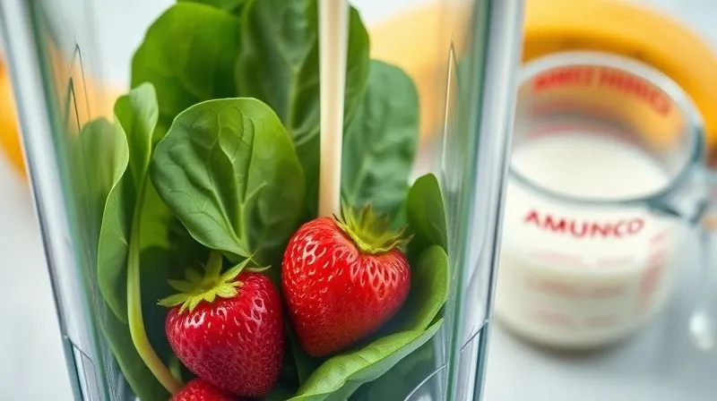 A close-up, photorealistic image of fresh, vibrant spinach leaves and ripe red strawberries being added to a blender, with a background of a half-peeled banana and a measuring cup of unsweetened almond milk. The scene is bright and clean, emphasizing healthy ingredients. professional photography, 8K, cinematic lighting, sharp focus, depth of field, shot on a high-end DSLR