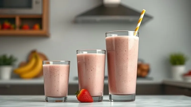 A photorealistic image of three different sized glasses of banana-strawberry smoothies, clearly demonstrating portion control. One small, one medium, and one large. The small glass is perfectly sized for a healthy serving, while the large one appears excessive. The background is a clean, modern kitchen. professional photography, 8K, cinematic lighting, sharp focus, depth of field, shot on a high-end DSLR