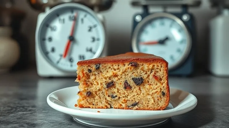 Photorealistic, professional photography, 8K, cinematic lighting, sharp focus, depth of field, shot on a high-end DSLR. A delicious, perfectly portioned slice of protein cake on a small plate, with a kitchen scale visible in the blurred background, emphasizing precise measurement and mindful eating. The lighting is soft and inviting, highlighting the texture of the cake.