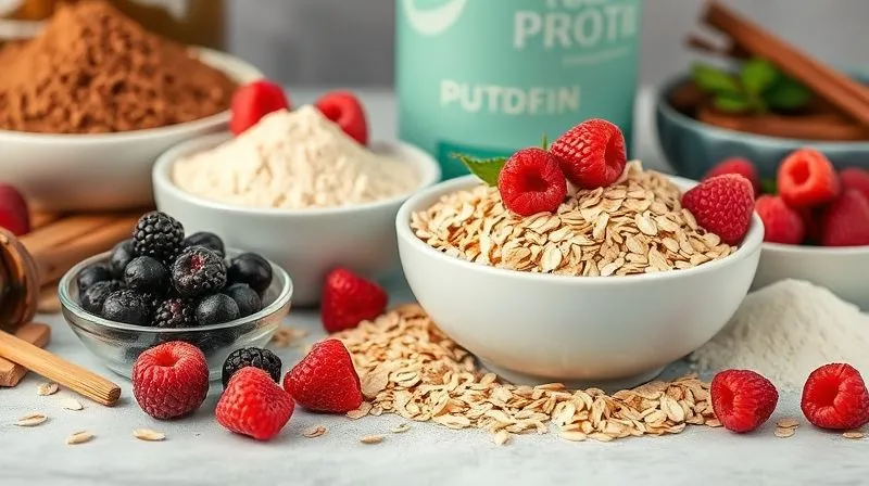 Photorealistic, professional photography, 8K, cinematic lighting, sharp focus, depth of field, shot on a high-end DSLR. A vibrant, colorful display of healthy baking ingredients: various types of protein powder, a bowl of oats, fresh berries, unsweetened cocoa powder, and natural sweeteners like erythritol. The composition is clean and inviting, highlighting the potential for delicious, guilt-free baking.