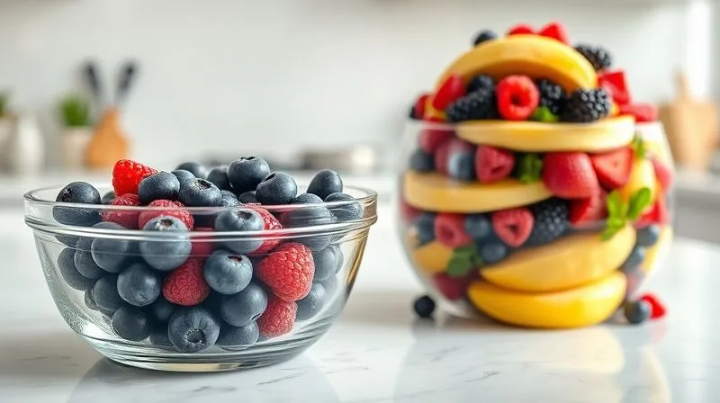 Photorealistic, professional photography, 8K, cinematic lighting, sharp focus, depth of field, shot on a high-end DSLR. A clear glass bowl with a perfectly measured portion of fresh blueberries and raspberries on one side, and on the other side, an overflowing, excessive pile of various fruits (banana, mango, berries) symbolizing overconsumption in smoothies. The background is a clean, bright kitchen counter.