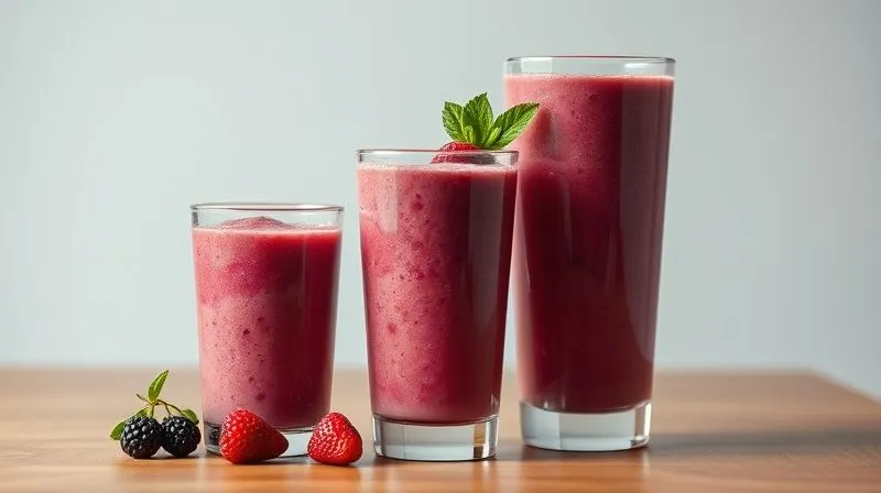 Photorealistic, professional photography, 8K, cinematic lighting, sharp focus, depth of field, shot on a high-end DSLR. Three clear glasses of berry smoothies on a minimalist wooden table. The first glass is small (250ml) and perfectly portioned. The second is medium (400ml) and still reasonable. The third is a large (700ml) overflowing glass, symbolizing excessive portion size and calorie trap. All smoothies are vibrant and appealing. Cinematic lighting highlights the difference in sizes.