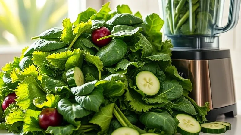Photorealistic, professional photography, 8K, cinematic lighting, sharp focus, depth of field, shot on a high-end DSLR. A vibrant, overflowing pile of fresh green leafy vegetables (spinach, kale, romaine lettuce, cucumber slices) artfully arranged next to a high-speed blender, with sunlight streaming in. The scene conveys freshness and healthy abundance, emphasizing the foundation of a nutritious smoothie.