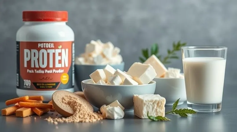 Photorealistic, professional photography, 8K, cinematic lighting, sharp focus, depth of field, shot on a high-end DSLR. A meticulously arranged display of various protein sources suitable for smoothies: a scoop of protein powder next to its container, a bowl of creamy Greek yogurt, a small block of silken tofu, and a glass of kefir. The composition should be clean, bright, and emphasize health and nutrition.