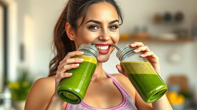 Photorealistic, professional photography, 8K, cinematic lighting, sharp focus, depth of field, shot on a high-end DSLR. A smiling, fit woman in her late 20s, wearing athletic wear, is taking a mindful sip of a vibrant green smoothie from a reusable glass bottle. She is in a bright, modern kitchen or a gym environment. The scene radiates health, vitality, and conscious nutrition, with a subtle focus on portion control (the size of the bottle).