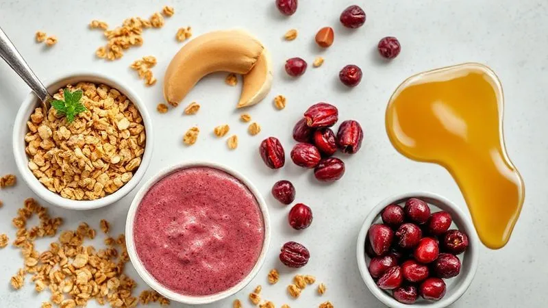A photorealistic, professional photography, 8K, cinematic lighting, sharp focus, depth of field, shot on a high-end DSLR. A beautifully arranged flat lay showing common, seemingly healthy smoothie additions that can be high in calories: a small bowl of granola, a spoonful of peanut butter, a handful of dried cranberries, and a drizzle of agave syrup, all subtly hinting at their calorie density. The lighting is bright and natural, emphasizing the textures and colors of the ingredients. The composition suggests careful consideration of portion sizes.