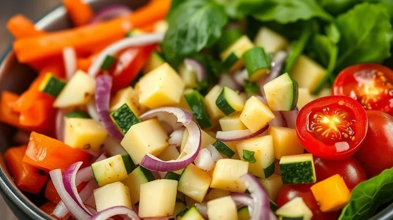 photorealistic, professional photography, 8K, cinematic lighting, sharp focus on a vibrant, colorful mix of fresh, chopped vegetables like bell peppers, red onion, zucchini, spinach, and cherry tomatoes, perfectly arranged in a bowl, ready for a healthy tortilla filling, depth of field blurring the background, shot on a high-end DSLR.