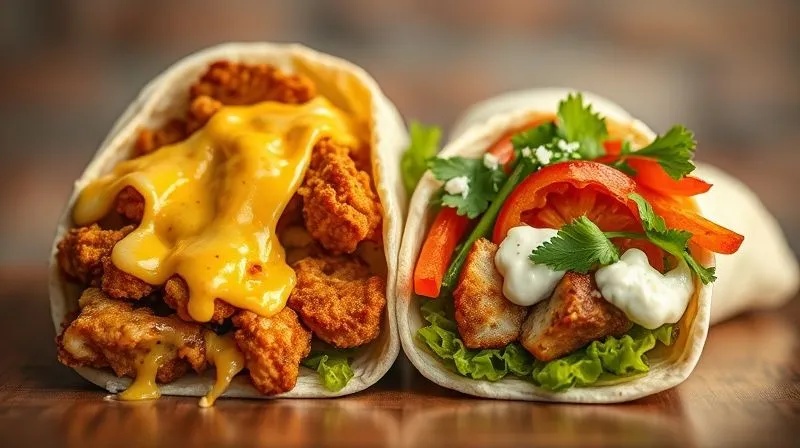 photorealistic, professional photography, 8K, cinematic lighting, sharp focus on two contrasting tortilla wraps. One, on the left, is visibly heavy, overflowing with melted cheese, fried chicken, and creamy sauce, looking indulgent. The other, on the right, is light, vibrant, filled with grilled vegetables, lean protein, and a fresh herb yogurt sauce, appearing healthy and fresh. A subtle, soft glow emanates from the healthy tortilla, depth of field blurring the background, shot on a high-end DSLR, emphasizing the transformation.