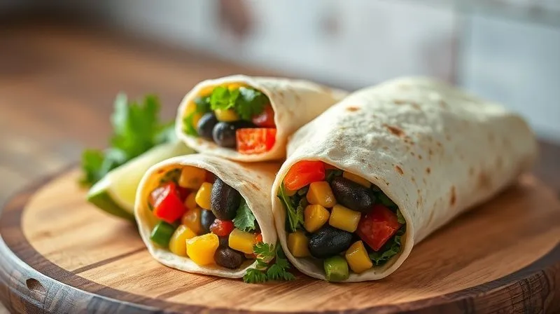 photorealistic, professional photography, 8K, cinematic lighting, sharp focus on a perfectly rolled, healthy, and vibrant vegetable tortilla wrap, filled with colorful ingredients like black beans, corn, bell peppers, fresh salsa, and a sprinkle of cilantro, presented on a rustic wooden board, with a side of lime wedges. The lighting is bright and inviting, depth of field blurring the background, shot on a high-end DSLR.