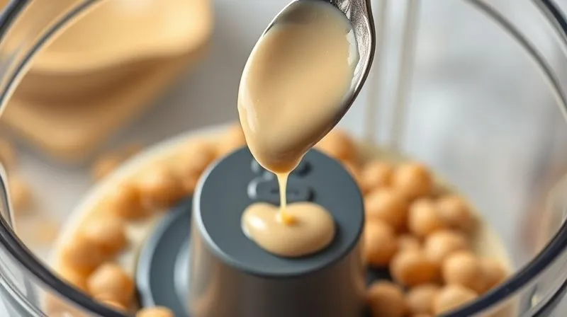 A close-up, photorealistic image of a spoon drizzling a controlled, small amount of tahini into a blender with chickpeas, emphasizing moderation. Cinematic lighting, sharp focus, 8K, shot on a high-end DSLR.