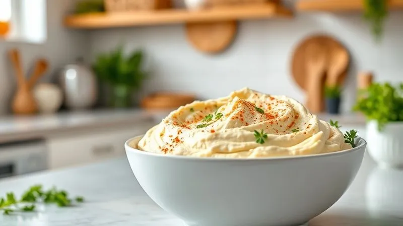 A vibrant, photorealistic image of a bowl of light, fluffy hummus made with roasted cauliflower, garnished with fresh herbs and a sprinkle of paprika. The background is a clean, bright kitchen with natural light. 8K, professional photography, depth of field.