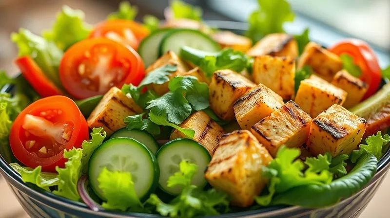 Photorealistic, professional photography, 8K, cinematic lighting, sharp focus, depth of field, shot on a high-end DSLR. A vibrant, colorful vegetarian salad bowl overflowing with fresh leafy greens, cherry tomatoes, cucumber slices, bell peppers, and grilled tofu cubes. Bright natural light illuminates the scene, emphasizing freshness and health.