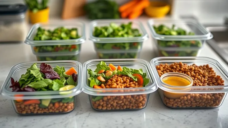 Photorealistic, professional photography, 8K, cinematic lighting, sharp focus, depth of field, shot on a high-end DSLR. A kitchen counter with neatly organized meal prep containers, each holding different components of a vegetarian salad – separate compartments for greens, chopped vegetables, cooked lentils, and a small container of homemade vinaigrette. The scene conveys efficiency and healthy planning.