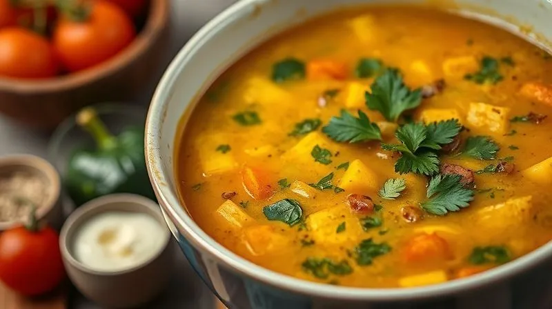 photorealistic, professional photography, 8K, cinematic lighting, sharp focus, depth of field, shot on a high-end DSLR, a vibrant, healthy vegetable soup next to a small, hidden bowl of heavy cream and butter, symbolizing hidden calories. Emotional resonance: subtle warning.