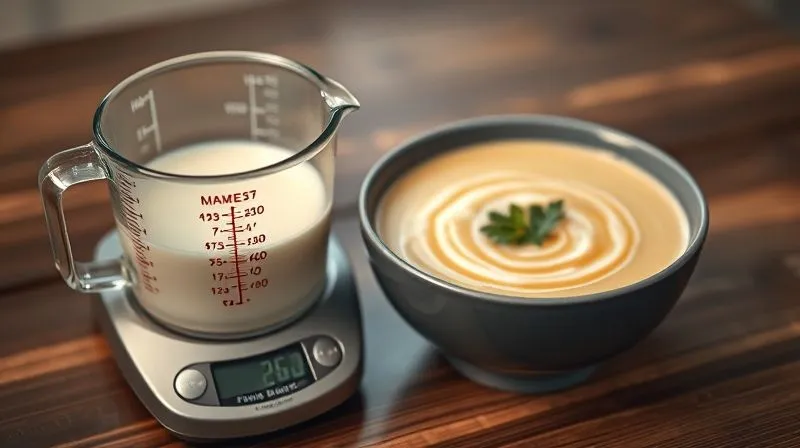 photorealistic, professional photography, 8K, cinematic lighting, sharp focus, depth of field, shot on a high-end DSLR, a measuring cup and kitchen scale next to a bowl of delicious cream soup, symbolizing portion control. Emotional resonance: empowerment, precision.