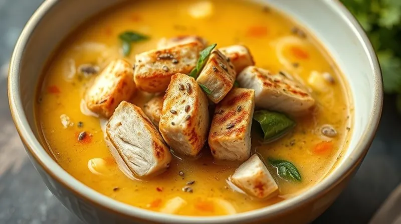 photorealistic, professional photography, 8K, cinematic lighting, sharp focus, depth of field, shot on a high-end DSLR, a bowl of rich, creamy vegetable soup generously topped with grilled chicken strips and a sprinkle of chia seeds, illustrating protein and fiber. Emotional resonance: satisfaction, fullness.