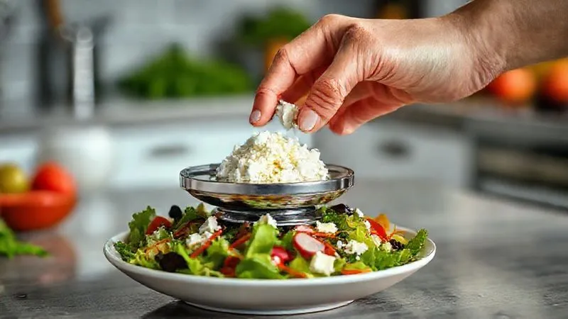 Photorealistic, professional photography, 8K, cinematic lighting, sharp focus, depth of field, shot on a high-end DSLR. A person's hand carefully placing a perfectly measured 30-gram portion of crumbled feta cheese onto a vibrant low-carb salad using a small kitchen scale, with a blurred background of a modern kitchen. The scene emphasizes precision and mindful eating.