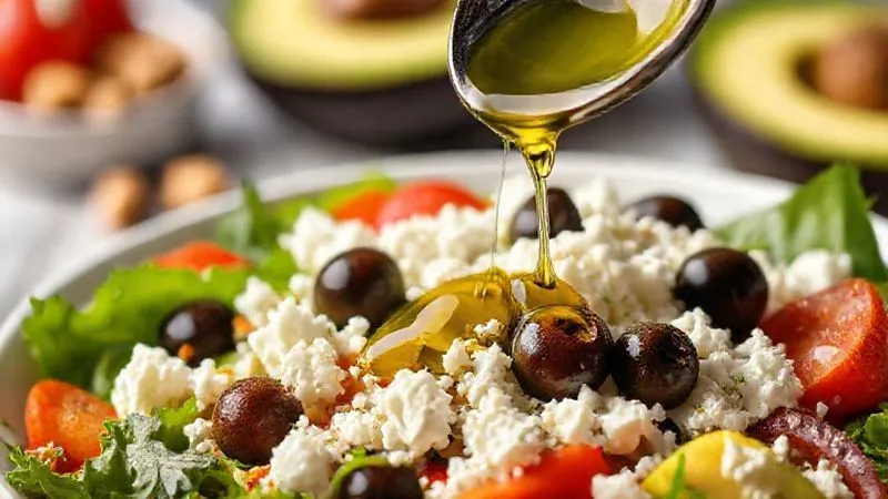 Photorealistic, professional photography, 8K, cinematic lighting, sharp focus, depth of field, shot on a high-end DSLR. A close-up shot of a vibrant low-carb salad with crumbled feta, a few olives, and a minimal, controlled drizzle of olive oil from a measuring spoon. A blurred background shows other healthy but calorie-dense ingredients like nuts and avocado, subtly suggesting caution. The lighting emphasizes the freshness and mindful portioning.
