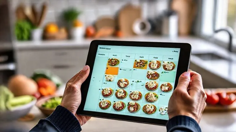 Photorealistic, professional photography, 8K, cinematic lighting, sharp focus, depth of field, shot on a high-end DSLR. A person's hands holding a tablet displaying a meal planning app, with a colorful, organized weekly meal plan featuring small, perfectly portioned feta dishes. In the background, a neatly arranged kitchen counter with fresh low-carb ingredients. The scene conveys organization, control, and healthy planning.