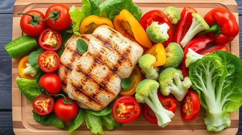 A vibrant, photorealistic overhead shot of a selection of fresh, crisp salad ingredients on a wooden cutting board: grilled chicken breast, firm cherry tomatoes, crunchy bell peppers in various colors, blanched broccoli florets, and crisp romaine lettuce leaves, all perfectly prepared and ready for a lunchbox. Professional photography, 8K, cinematic lighting, sharp focus, depth of field, shot on a high-end DSLR, no text or logos.