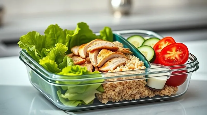 A professional, photorealistic close-up of a sleek, modern, multi-compartment glass lunchbox filled with perfectly segregated fresh salad ingredients. One compartment contains vibrant green lettuce, another grilled chicken and quinoa, and a third holds cherry tomatoes and cucumber slices. A small, separate, leak-proof container for dressing is nestled in one corner. The container is on a clean, minimalist kitchen counter, bathed in soft, natural light, emphasizing its functionality and freshness. Professional photography, 8K, cinematic lighting, sharp focus, depth of field, shot on a high-end DSLR, no text or logos.