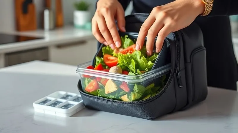 A professional, photorealistic shot of a person carefully placing a multi-compartment lunchbox, filled with a vibrant, fresh protein salad, into a modern, insulated lunch bag alongside a slim ice pack. The setting is a clean kitchen counter, with soft, natural morning light. The focus is on the act of careful storage, conveying a sense of preparation and care for healthy eating on the go. Professional photography, 8K, cinematic lighting, sharp focus, depth of field, shot on a high-end DSLR, no text or logos.