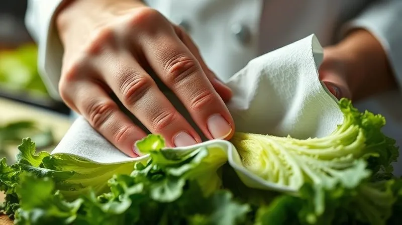 A close-up, photorealistic image of a chef's hands gently patting dry fresh lettuce leaves with a paper towel, emphasizing careful preparation. 8K, cinematic lighting, sharp focus, depth of field, shot on a high-end DSLR.