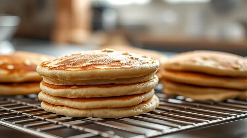 Photorealistic, professional photography of perfectly golden, fluffy oat pancakes cooling on a wire rack, steam subtly rising, cinematic lighting, sharp focus on the pancakes, depth of field blurring a clean kitchen background, 8K hyper-detailed, shot on a high-end DSLR.
