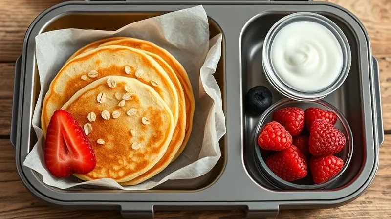A photorealistic, professional photography shot of a meticulously organized lunchbox with several compartments. One compartment holds dry, golden oat pancakes separated by parchment paper, another contains fresh berries, and a small sealed container holds Greek yogurt. Cinematic lighting, sharp focus, depth of field, 8K hyper-detailed, shot on a high-end DSLR, conveying order and freshness.