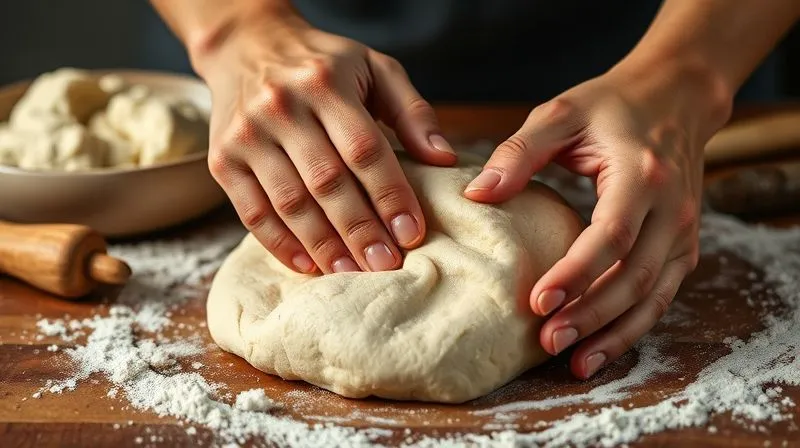 Photorealistic close-up of hands gently kneading a soft, pliable gluten-free rice tortilla dough on a floured wooden surface, with a bowl of resting dough in the background, cinematic lighting, sharp focus on the hands and dough texture, depth of field, 8K hyper-detailed, professional photography, shot on a high-end DSLR.