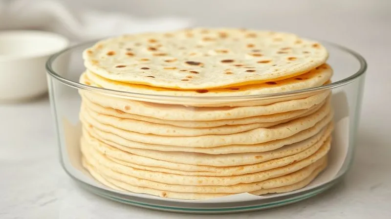 Photorealistic image of a stack of freshly made, perfectly round gluten-free rice tortillas, separated by parchment paper, neatly placed inside an airtight glass container on a clean kitchen counter. Soft, natural light, sharp focus on the tortillas, depth of field, 8K hyper-detailed, professional photography, shot on a high-end DSLR.