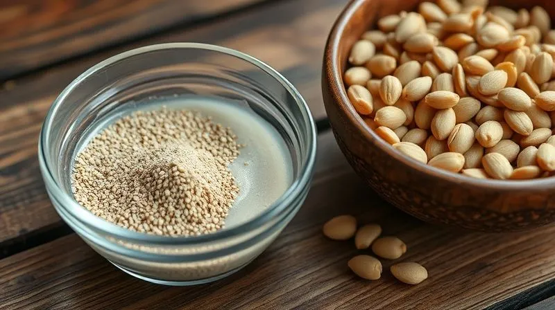 Photorealistic, professional photography, 8K, cinematic lighting, sharp focus, depth of field, shot on a high-end DSLR. A close-up of a small bowl containing ground flaxseeds mixed with water, forming a gel-like consistency, next to a bowl of cooked lentils, symbolizing the binding agent. The scene is set on a rustic wooden table with natural light.