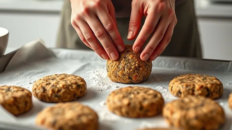Photorealistic, professional photography, 8K, cinematic lighting, sharp focus, depth of field, shot on a high-end DSLR. A pair of hands gently but firmly shaping a vegan lentil patty on a floured surface, with other perfectly formed patties resting on a parchment-lined tray nearby, ready for chilling. The background shows a clean, modern kitchen counter.