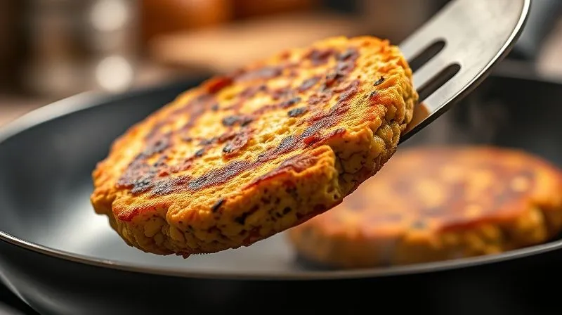 Photorealistic, professional photography, 8K, cinematic lighting, sharp focus, depth of field, shot on a high-end DSLR. A close-up of a perfectly golden-brown, crispy-edged vegan lentil patty being carefully lifted from a hot pan with a spatula, steam gently rising, emphasizing its intact structure and tempting texture. The background is softly blurred kitchen.