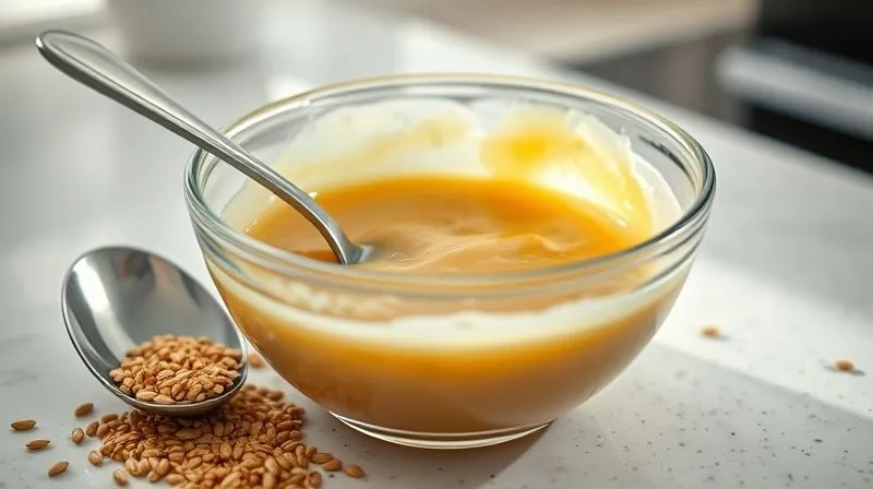 Photorealistic close-up of a small glass bowl with ground flaxseed mixed with water, forming a gelatinous, thick paste, next to a spoon. The background is a clean, modern kitchen counter, shot with sharp focus and depth of field, cinematic lighting, 8K, emphasizing the natural binding properties.