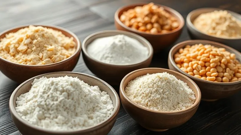 Photorealistic close-up shot of various gluten-free flours (cornstarch, potato starch, rice flour, chickpea flour) in small, elegant bowls on a dark wooden table, with natural light highlighting their textures. Sharp focus, depth of field, 8K, professional photography.
