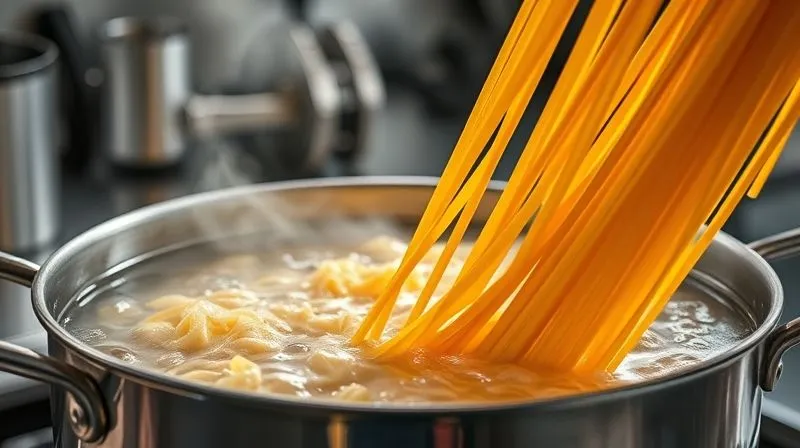 A close-up, photorealistic image of a large pot of boiling water with whole-wheat pasta being added, steam rising, professional kitchen setting, cinematic lighting, sharp focus on the pasta strands, depth of field blurring the background, 8K hyper-detailed.