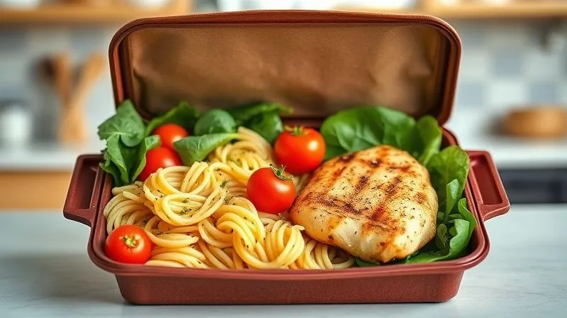 A vibrant, photorealistic image of a healthy fit lunchbox filled with whole-wheat pasta, colorful vegetables (like cherry tomatoes, spinach, bell peppers), and grilled chicken, all perfectly separated and appealing. The lunchbox is open on a clean kitchen counter, bathed in soft, natural light, sharp focus on the food, depth of field blurring the background, 8K hyper-detailed.