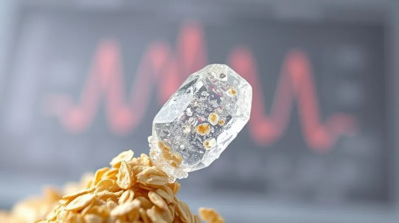 A close-up, photorealistic image of a single oat flake transforming into a sugar crystal, symbolizing the rapid conversion of carbohydrates to glucose. The background is a blurred, scientific diagram of blood sugar regulation. Professional photography, 8K, cinematic lighting, sharp focus on the flake, depth of field.