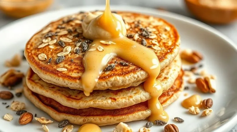 A photorealistic close-up of oat pancakes being drizzled with natural peanut butter, with chia seeds and crushed nuts scattered around. The scene is bright and inviting, emphasizing healthy fats and protein. Professional photography, 8K, cinematic lighting, sharp focus, depth of field.