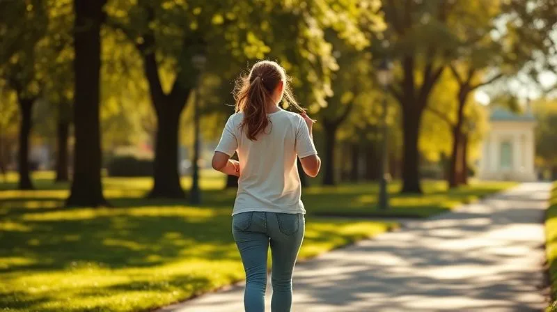 A photorealistic image of a person taking a leisurely walk in a sunny park after breakfast, with a subtle glow around their body symbolizing balanced energy. The focus is on the act of movement and its positive impact. Professional photography, 8K, cinematic lighting, sharp focus, depth of field.