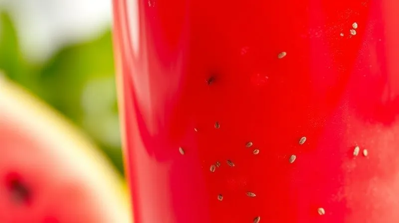 A photorealistic close-up of a glass of vibrant watermelon juice, with a visible sprinkle of chia seeds settling at the bottom and a few almond slivers artfully placed on the side of the glass, suggesting healthy additions. The light is cinematic, highlighting the freshness and texture, shot with professional photography at 8K resolution, featuring a sharp focus on the glass and blurred background.