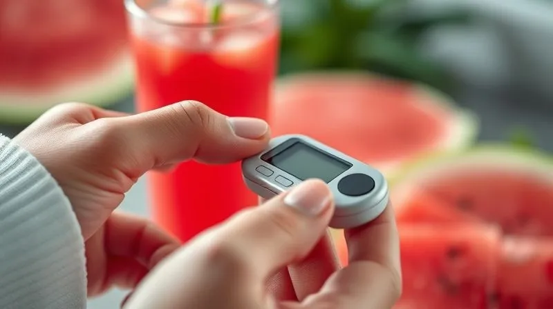 A close-up, photorealistic image of a person gently pricking their finger with a modern, sleek glucose meter, with a vibrant glass of watermelon juice in the softly blurred background. The focus is sharp on the hand and device, emphasizing health monitoring and personal control. Professional photography, 8K, cinematic lighting, depth of field.