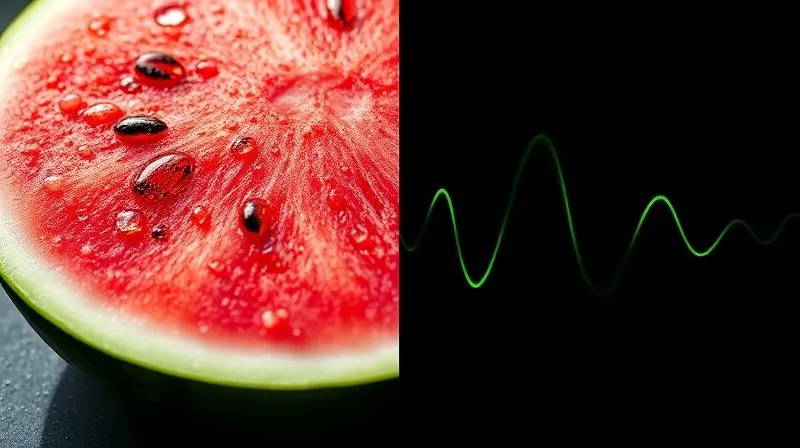 A split image, photorealistic, showing on one side a vibrant, healthy watermelon slice with glistening water droplets, emphasizing freshness and natural goodness. On the other side, a subtle, abstract representation of stable blood sugar levels, perhaps a calm, undulating green line on a dark background. The composition is balanced, with professional photography at 8K resolution, cinematic lighting, and sharp focus on the watermelon, blending health and control visually.