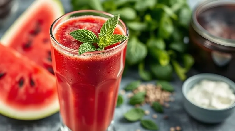 Photorealistic, professional photography, 8K, cinematic lighting, sharp focus, depth of field, shot on a high-end DSLR. A glass of vibrant red watermelon smoothie, blended with chia seeds and a scoop of protein powder, garnished with a sprig of mint. In the background, fresh ingredients like spinach and Greek yogurt are subtly blurred, emphasizing a healthy, balanced drink.
