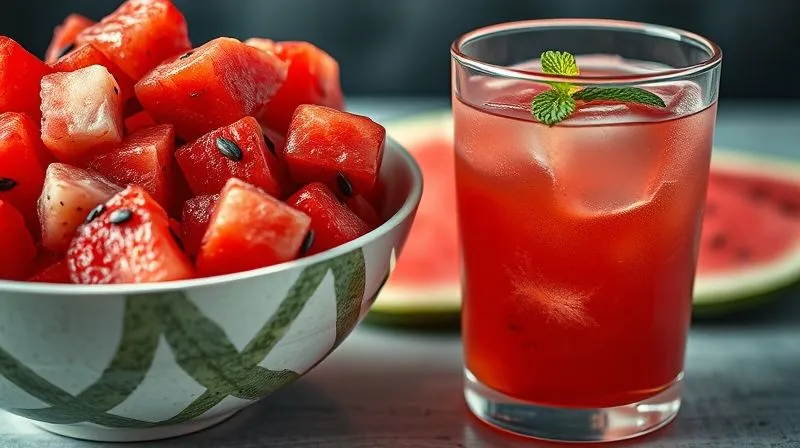 Photorealistic, professional photography, 8K, cinematic lighting, sharp focus, depth of field, shot on a high-end DSLR. A clear distinction between a bowl of fresh, cut watermelon chunks with seeds and a glass of strained watermelon juice. The bowl of chunks looks more substantial and natural, while the juice looks lighter but potentially less filling. Good lighting, emphasizing texture and freshness.